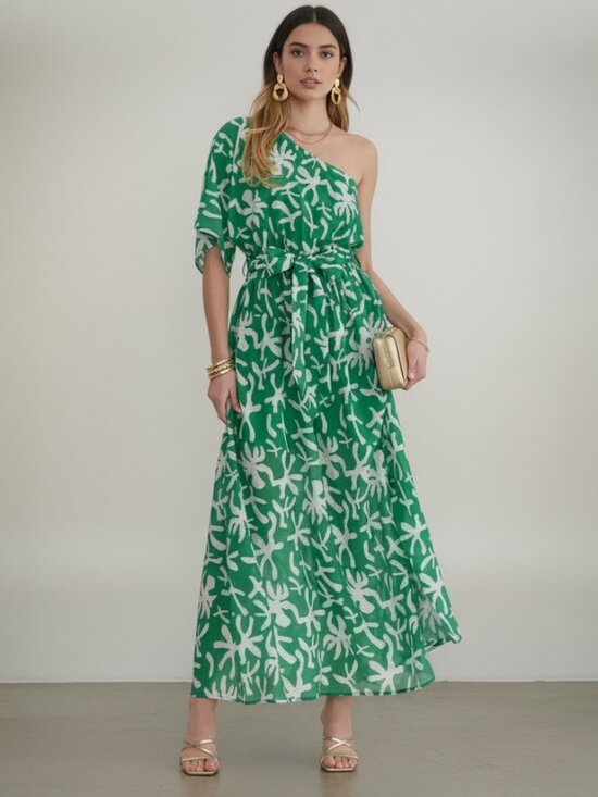 Entro USA Dresses & Skirts - Entro NWT Green One-Shoulder Printed Midi Dress with Slit Sz L